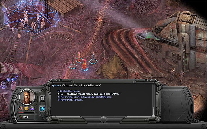 Its actually good to lie the first time, and convince Qianne to give you a free bed. - Memoviras Courtyard Map - M15 - Bloom: Memoviras Courtyard - Torment: Tides of Numenera Game Guide