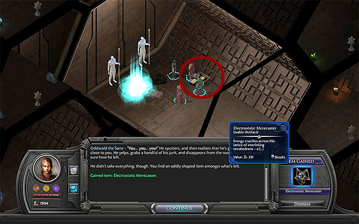 Electrostatic Merecaster can be found in Oddwalds Tomb, a part of the Necropolis visited during Severed Child, a side quest began by investigating a crystal found in Valley of Dead Heroes (M12 - All Merecasters in Torment: Tides of Numenera - Puzzles and additional activities - Torment: Tides of Numenera Game Guide