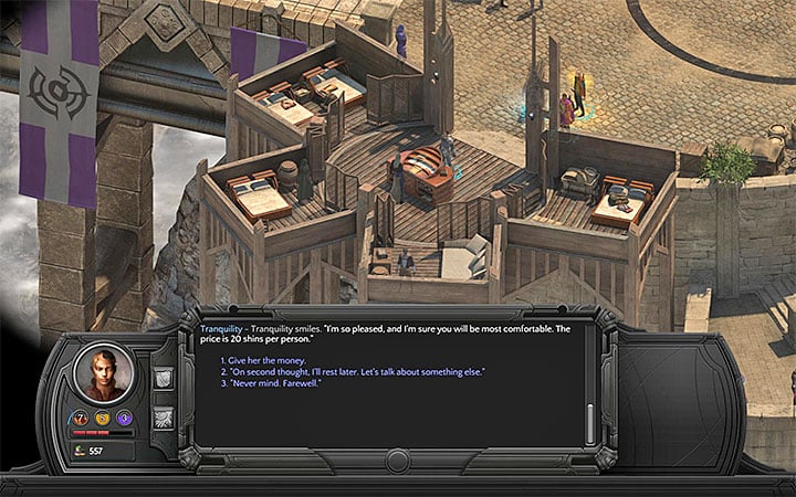 To rest, the party has to pay 20 shins per person. - Caravanserai Map - M7 - Sagus Cliffs: Caravanserai - Torment: Tides of Numenera Game Guide