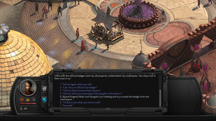 Obtain the badge from the merchant. - Stay of Execution - side quest walkthrough | Circus Minor - Sagus Cliffs: Circus Minor - Torment: Tides of Numenera Game Guide