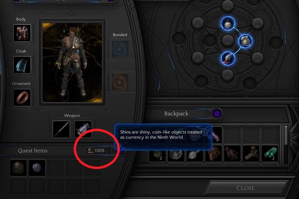 Information about how many shins you have can be found in your inventory. Shins can be used for trading with other characters. - How to quickly gain shins / gold in Torment: Tides of Numenera? - Adventurers Guide - Torment: Tides of Numenera Game Guide