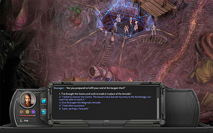 Give the Cortex to Dracogen. - Dracogens Price - main quest walkthrough | Memoviras Courtyard - Bloom: Memoviras Courtyard - Torment: Tides of Numenera Game Guide