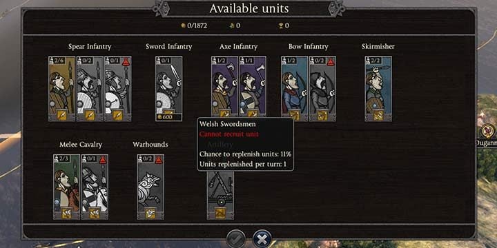 In this case, you can recruit only some units, for instance two spear infantry units or one axe infantry unit. You cannot recruit welsh sword infantry. There is a 11% chance that those units will be available during the next turn. - Creating armies and replenishing units in Total War Saga Thrones of Britannia - Warfare - Total War Saga: Thrones of Britannia Game Guide
