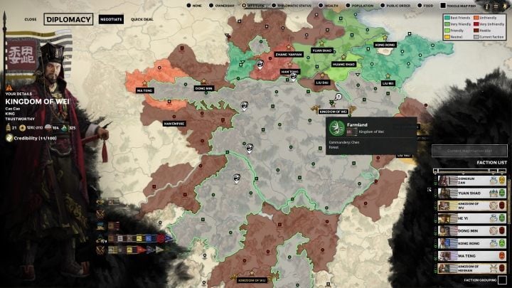 By default, the diplomacy window shows your factions relationship with others. - Diplomacy and trade in Total War Three Kingdoms - Gameplay mechanics - Total War Three Kingdoms Guide