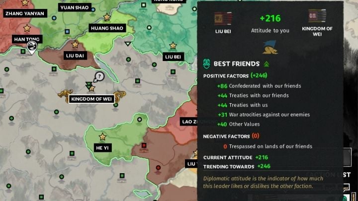 Move the cursor over the icon next to the factions name to check the details of the relationship. - Diplomacy and trade in Total War Three Kingdoms - Gameplay mechanics - Total War Three Kingdoms Guide