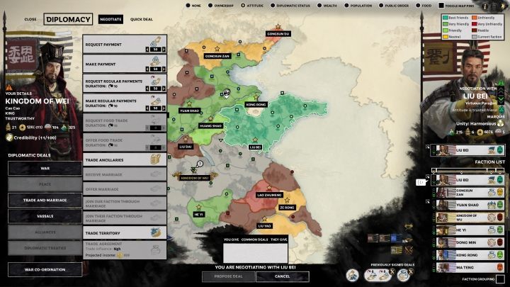 After clicking the NEGOTIATE button, you will see a list of all available diplomatic and trade options. - Diplomacy and trade in Total War Three Kingdoms - Gameplay mechanics - Total War Three Kingdoms Guide