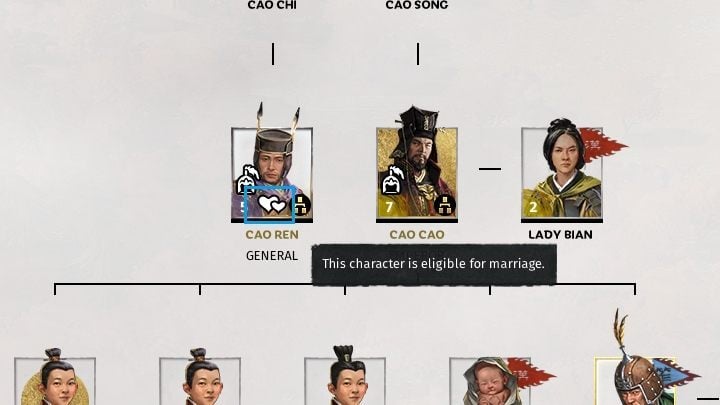 An icon with two hearts will appear next to a character suitable for marriage. - Diplomacy and trade in Total War Three Kingdoms - Gameplay mechanics - Total War Three Kingdoms Guide