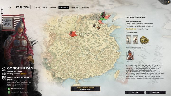 Gongsun Zan selection window. - All available warlords (faction leaders) in Total War Three Kingdoms - Basics - Total War Three Kingdoms Guide