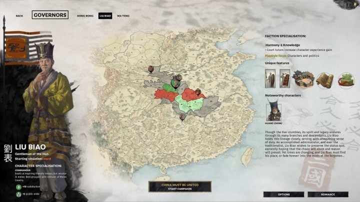 Liu Biao selection window. - All available warlords (faction leaders) in Total War Three Kingdoms - Basics - Total War Three Kingdoms Guide