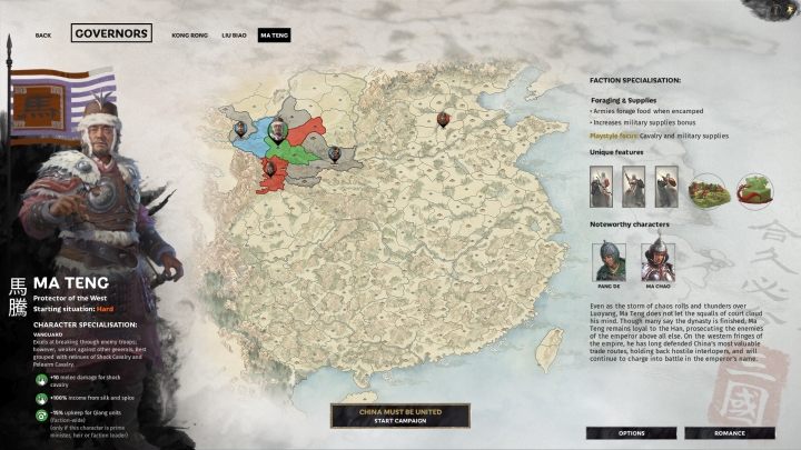 Ma Teng selection window. - All available warlords (faction leaders) in Total War Three Kingdoms - Basics - Total War Three Kingdoms Guide