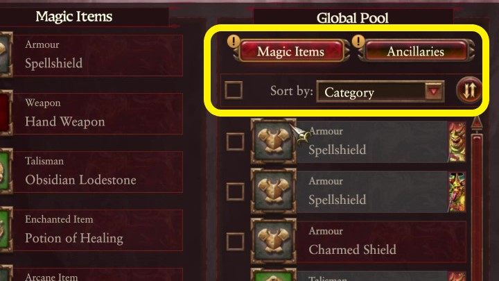 You can find sorting options above the list - Total War Warhammer 3: Equipment and missions - details - Lords and heroes - Total War Warhammer 3 Guide