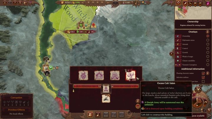 In each province controlled by the cult you can build one structure granting different effects - increasing the number of Devotees every turn, Seductive Influence bonus for the settlement's owner, summoning an army / a hero nearby, etc - Total War Warhammer 3: Slaanesh - unique mechanics - Slaanesh - Total War Warhammer 3 Guide
