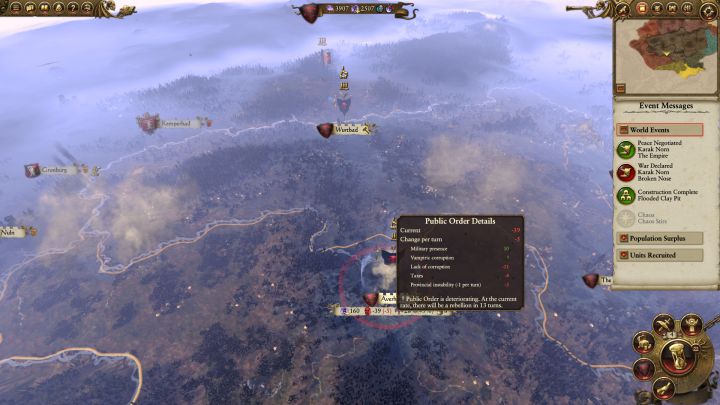 You must make sure that the public order in your settlements is stabilized. - Vampire Counts Campaign Walkthrough and Tips - Vampire Counts - Total War: Warhammer Game Guide