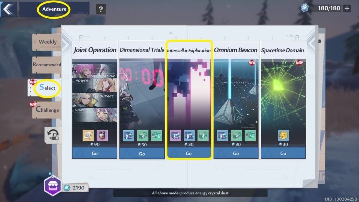 To start Interstellar Exploration you must first enter the Adventure menu (upper-right corner), then the Select tab - Tower of Fantasy: Interstellar Exploration - Adventure - Tower of Fantasy Guide