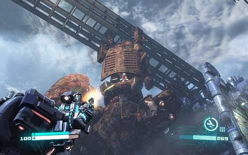 Jump down on one of the platforms and shoot at little piece of metal behind the shield (picture) - Chapter 5 - Cut and Run - p. 1 - Walkthrough - Transformers: Fall of Cybertron Game Guide & Walkthrough