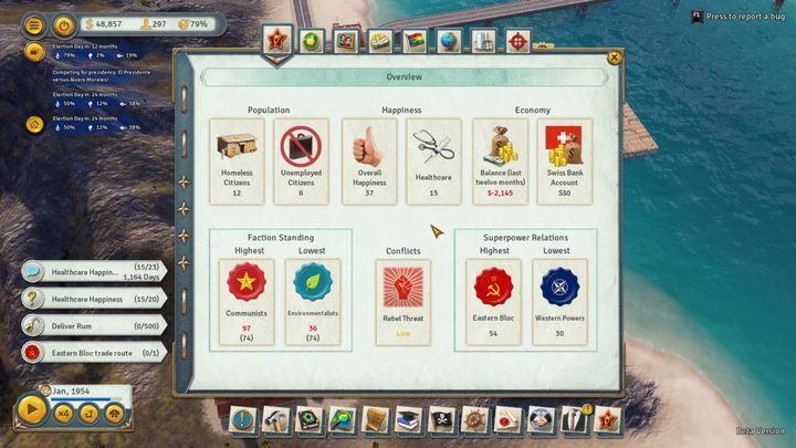 The Overview page includes brief descriptions of the most important elements that you can find in the remaining tabs. - Starting tips for Tropico 6 - Basics - Tropico 6 Guide