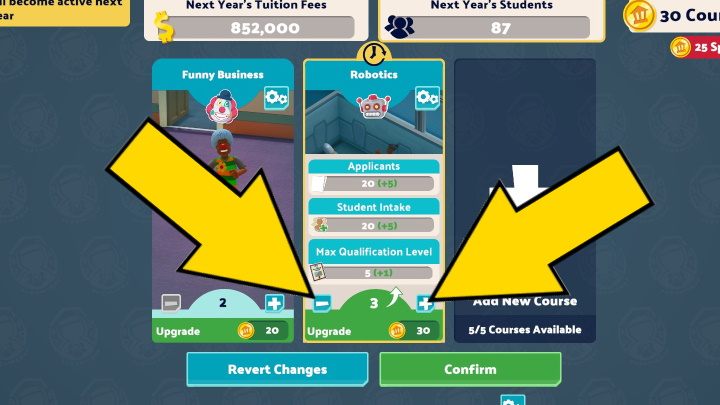 Use the plus and minus symbols to increase or decrease the tuition your students will pay during this year - Two Point Campus: Tuition - how to increase? - FAQ - Two Point Campus Guide