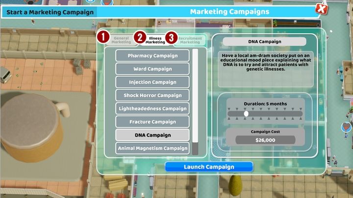 Marketing allows you to run three types of campaigns - When should you invest in marketing in Two Point Hospital? - FAQ - Two Point Hospital Game Guide