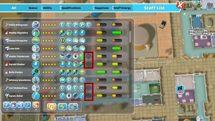 The selected spaces represent free slots that can be used by your employees to gain new skills. - When is the best time to train employees in Two Point Hospital? - FAQ - Two Point Hospital Game Guide