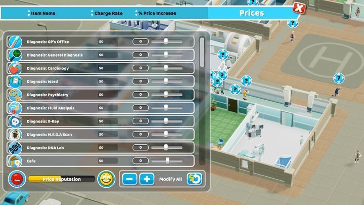 All of the prices are at 0 by default and you will not be able to change it. - Mission tips - Two Point Hospital walkthrough - Basics - Two Point Hospital Game Guide
