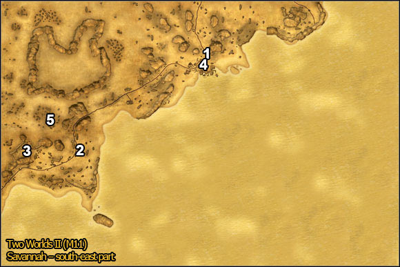 1 - Savannah - south-east part | Quests Maps - Maps - Two Worlds II Game Guide