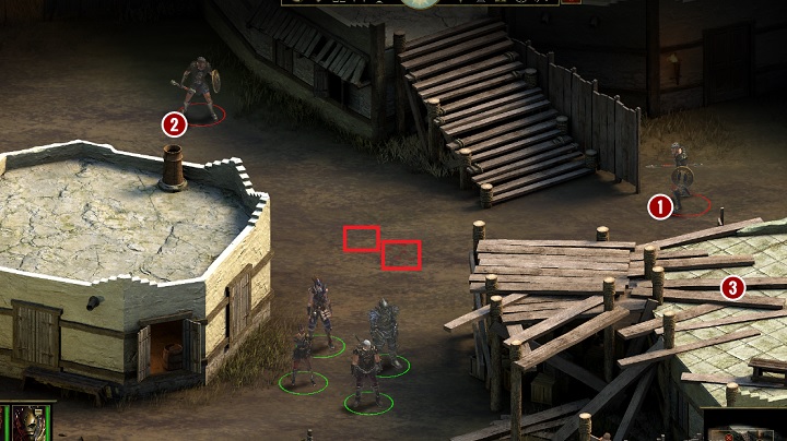 Looking at the minimap, there are two enemies waiting for you in the left upper corner of the location, but be careful, because there are also two traps set up on the road leading to them, the screenshot above shows their exact location (34 Wits required) - Battle of the Echocall Crossing - main quest | The Disfavored Camp - The Disfavored Camp - Tyranny Game Guide