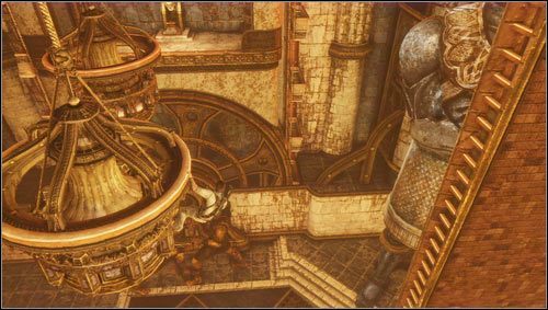 In order to get down on the ground, you have to jump back on the first chandelier and then on the second one - Uncharted 3: Chapter 20 - Caravan walkthrough - Walkthrough - Uncharted 3 Drakes Deception Guide