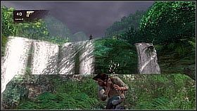 After reaching the last ledge, Nate jumped on a higher one, positioned himself accordingly and made a giant jump on the rock in the direction of the waterfall - Uncharted 1: Plane-wrecked part 2 - Chapter 4 walkthrough - Walkthrough - Uncharted Drakes Fortune Guide