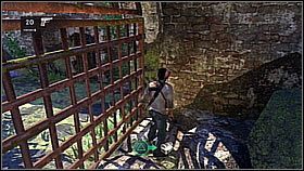 He turned 180 degrees while under the stairs and saw two arches with bars blocking the passage - Uncharted 1: The Fortress - Chapter 5 walkthrough - Walkthrough - Uncharted Drakes Fortune Guide