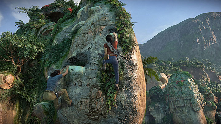 Climb on Nadine after Chloe avoids falling into abyss - -The climb - Walkthrough - Uncharted: The Lost Legacy Game Guide