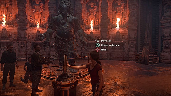 The other part of the puzzle assumes that you manipulate limbs of Ganeshas statue to match what you see on the wall - Solution to the puzzle with Parasharma and Ganesha - Walkthrough - Uncharted: The Lost Legacy Game Guide