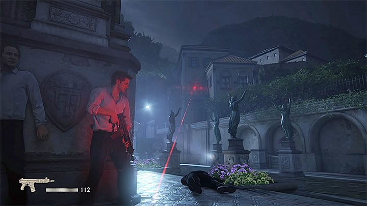 The sharpshooter is using a rifle with a laser scope which reveals his location - Uncharted 4: Chapter 7 Lights Out - walkthrough - Walkthrough - Uncharted 4: A Thiefs End Game Guide