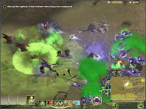 Once you've secured this southern section of the enemy encampment, move over to the north and focus all your attacks on an enemy Walker - Mission 1 - part 3 - Masari - Universe at War: Earth Assault - Game Guide and Walkthrough