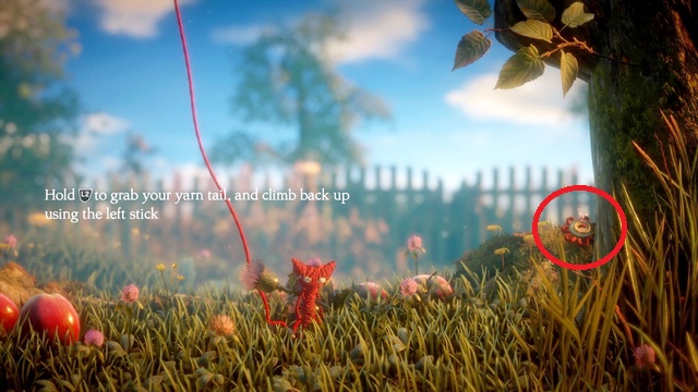 The first button is behind bushes near the tree - Level 1 - Thistle and Weeds - Secret collectibles - buttons - Unravel - Game Guide and Walkthrough