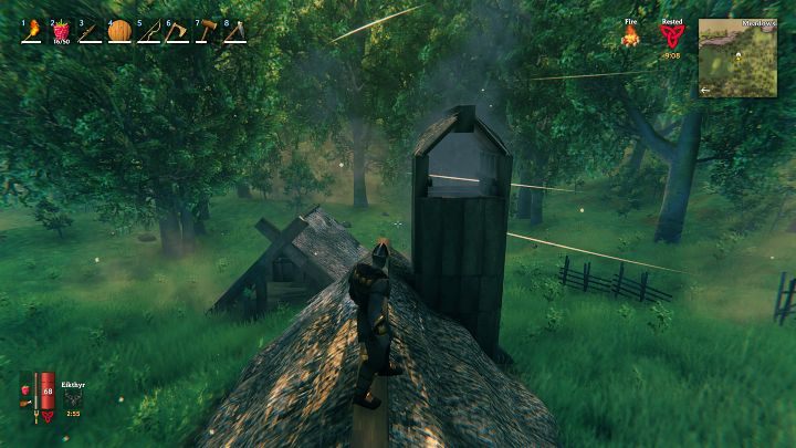 Go outside and build the chimney above the building's roof level, then put up a canopy to protect the hearth from the rain - Valheim: Indoor fire - how to make it? - Basics - Valheim Guide
