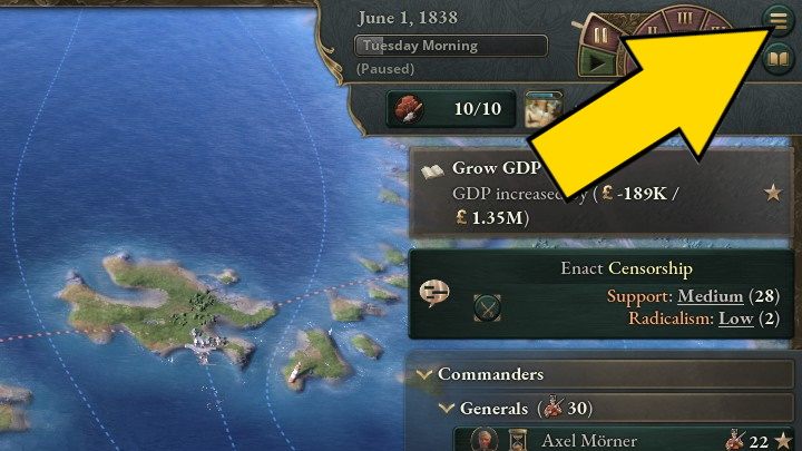 Clicking this icon brings up the main menu - Victoria 3: Game interface - Basics - Victoria 3 Guide