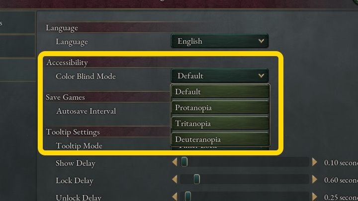 You can find the Accessibility tab in the Game section - Victoria 3: Accessibility - Annex - Victoria 3 Guide