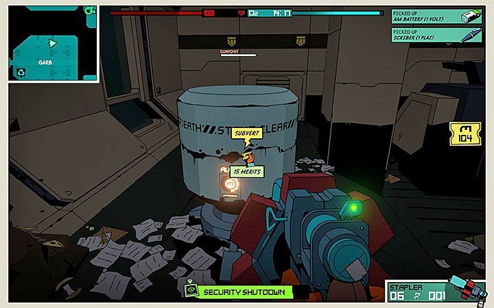 Before attempting to gain control of the Gunpoint turret, try to electrocute it (Zapper) or temporarily disable it (SEC computer) - How to get rid of Turret Towers and Secbots in Void Bastards? - FAQ - Void Bastards Guide and Tips