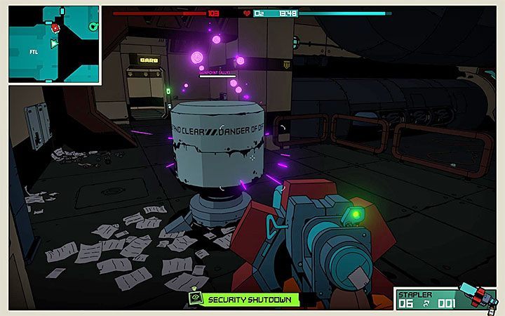 Correctly reprogrammed towers have purple color - How to get rid of Turret Towers and Secbots in Void Bastards? - FAQ - Void Bastards Guide and Tips