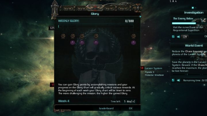 The Weekly Glory panel. - Glory in Warhammer Inquisitor - Martyr - Game Basics - Warhammer Inquisitor - Martyr Game Guide