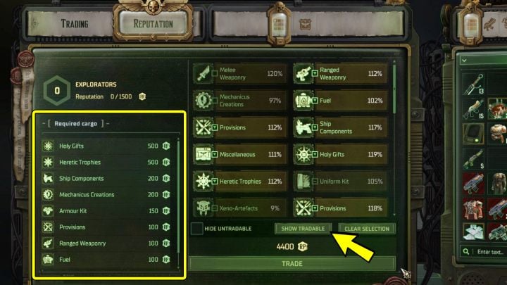 To deliver cargo, in the trade window, enter the Reputation tab and choose cargo you want to deliver to the faction - Rogue Trader: How to increase reputation? - How to - WH40K: Rogue Trader Guide