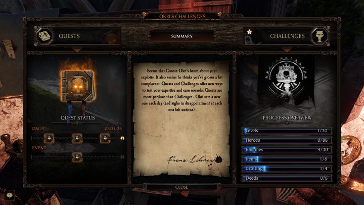 Okris Challenges can be opened in the central spot of the Fortress - after opening them, you will see the above menu - Okris Challenges in Warhammer Vermintide 2 - Basics - Warhammer Vermintide 2 Game Guide