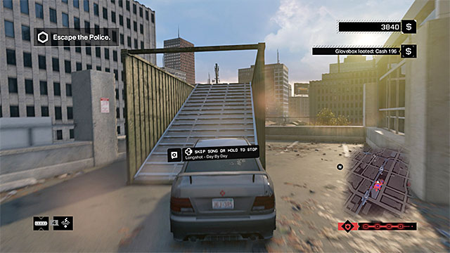 Turn right and try to drive onto the ramp shown in the above screenshot, at high speed - Mission 9 (Dressed in Peels) | Main missions - Act I - Main missions - Act I - Watch Dogs Game Guide
