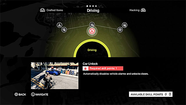 To driving cars, an entire branch of the ability tree has been devoted and it has been shown in the above screenshot - Using the available means of transport | Activities and hints - Activities and hints - Watch Dogs Game Guide