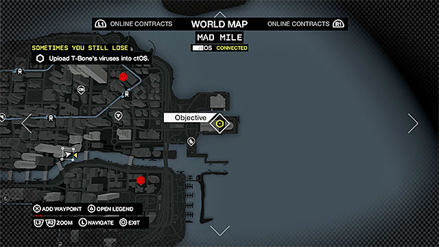 The last, third, location to upload the virus is in the ctOS control center that you have visited earlier in the Eastern part of the Mad Mile (the above screenshot) - Mission 1 (Sometimes You Still Lose) | Main missions - Act V - Main missions - Act V - Watch Dogs Game Guide