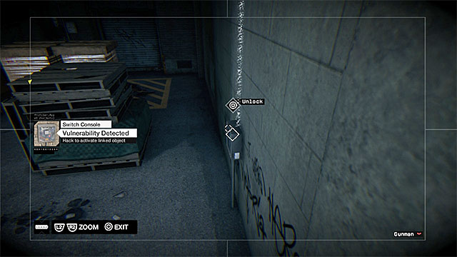 Stick to the left side of the cargo bay, get past two enemies on the right (one of them leaning against a van and the other patrolling the area) - Mission 5 (Open Your World) | Main missions - Act I - Main missions - Act I - Watch Dogs Game Guide