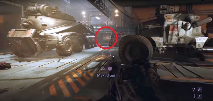 The tunnel (marked in red), through which you can reach the location with the upgrade kit. - Venus Transporthalle | Collectibles in Ubercommander Missions - Collectibles in Ubercommander Missions - Wolfenstein II: The New Colossus Game Guide