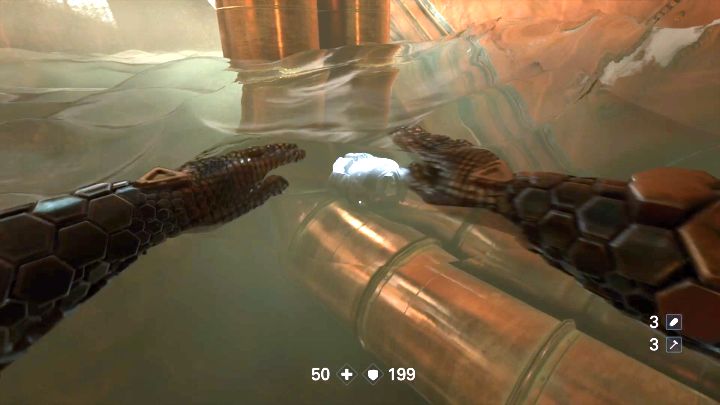 Big armor is located on underwater pipes. - The Signal Walkthrough - Mission 1 - Reunion - Chapter 1 - Reunion - Wolfenstein II: The New Colossus Game Guide