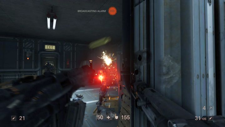 Raising the alarm at the beginning of the level isnt a good idea. - Elevator and Hangar | Chapter 4 - Roswell | Walkthrough - Chapter 4 - Roswell - Wolfenstein II: The New Colossus Game Guide