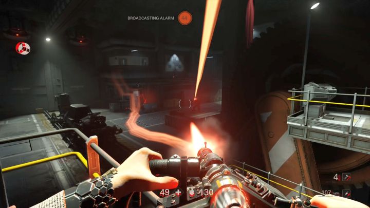 Use height advantage when the elevator reaches the upper level. - Elevator and Hangar | Chapter 4 - Roswell | Walkthrough - Chapter 4 - Roswell - Wolfenstein II: The New Colossus Game Guide